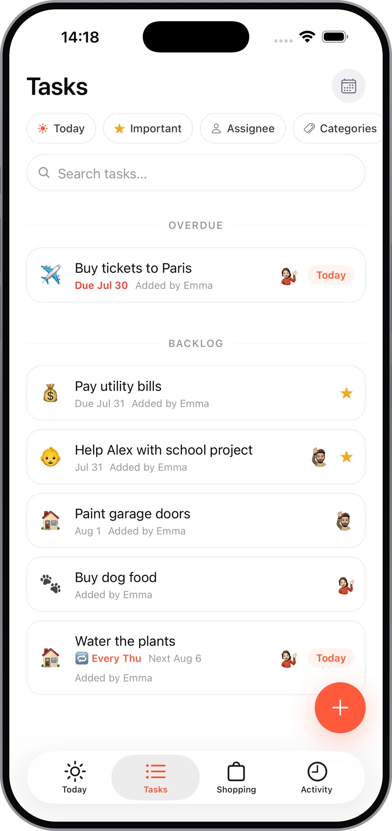 The Choreless Tasks screen: overdue and backlog chores showing who each one is assigned to