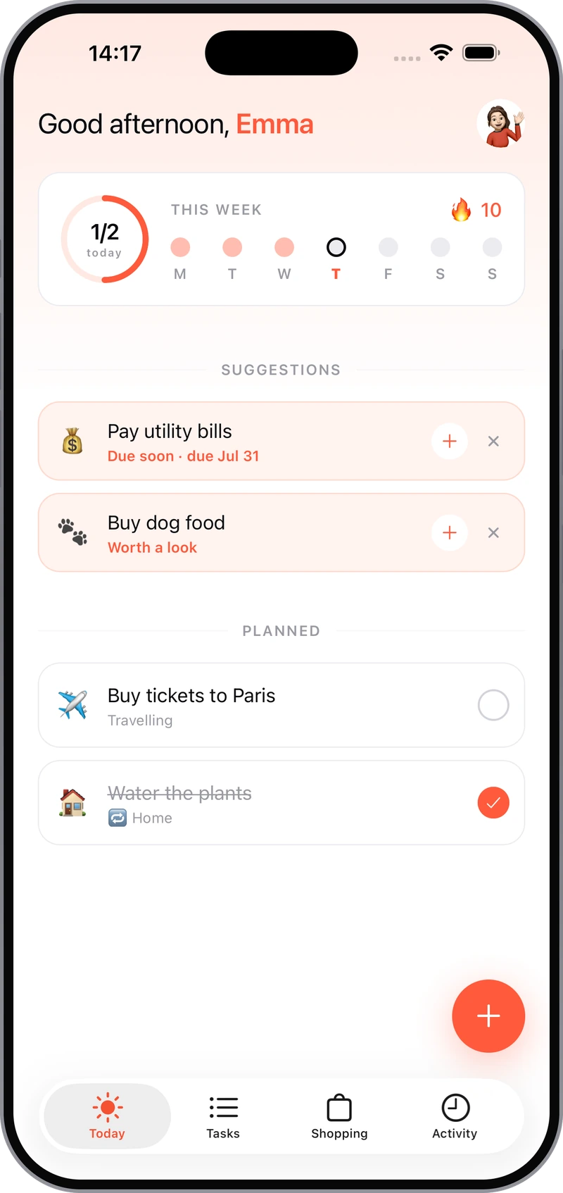 The Choreless Today screen: this week's ring, suggested tasks and what is planned for the day